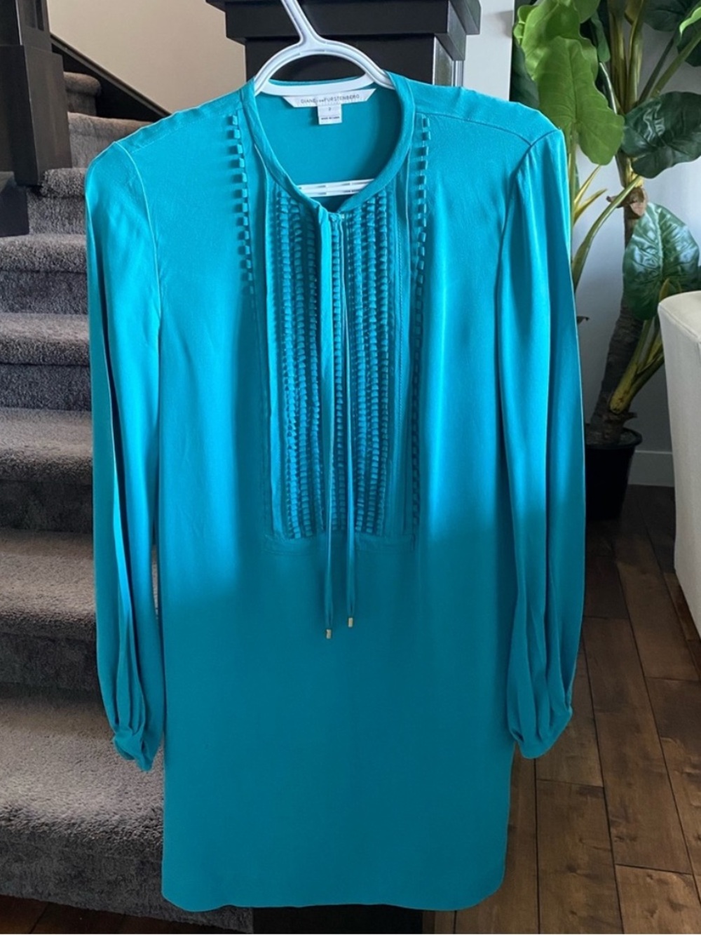 DVF Diane von Furstenberg Silk Teal Long-Sleeve Pleated Yoke Dress